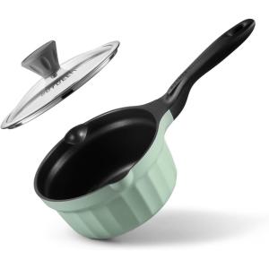 BUYDEEM Cast Aluminum Non Stick Sauce Pan，Rapid Even Heat Milk Pan with Glass Lid，All Stovetops Compatible，No PFOA/PFAS，Cooking Pot with Cool Handle，Cheflite Series CP141 Mellow Yellow，2QT(Cozy Greenish)