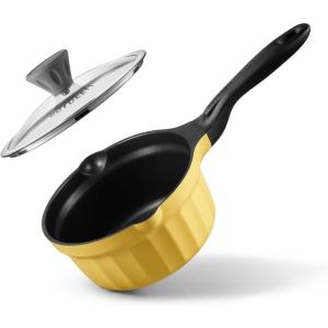 BUYDEEM Cast Aluminum Non Stick Sauce Pan，Rapid Even Heat Milk Pan with Glass Lid，All Stovetops Compatible，No PFOA/PFAS，Cooking Pot with Cool Handle，Cheflite Series CP141 Mellow Yellow，2QT(Mellow Yellow)