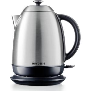 BUYDEEM K640 Stainless Steel Electric Tea Kettle with Auto Shut-Off and Boil Dry Protection, 1.7 Liter Cordless Hot Water Boiler with Swivel Base, 1440W, Mellow Yellow(Retro Silver)