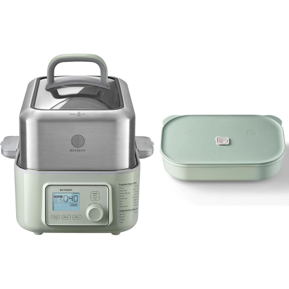 image:imageBUYDEEM G553 5Quart Electric Food Steamer Bundle with CT3008 Ceramic Food Storage Container 35 oz Cozy Greenish