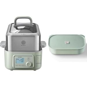 BUYDEEM G553 5-Quart Electric Food Steamer Bundle with CT3008 Ceramic Food Storage Container 35 oz Cozy Greenish